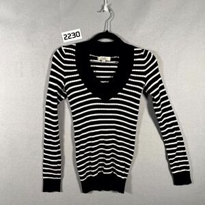 LEI Life Energy Intelligence Sweater Womens Medium Black White Striped V Neck